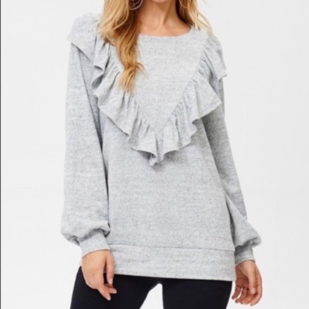 CLEARANCE Gray Ruffle Light Knit Long Sleeve Sweater - Picture 2 of 5